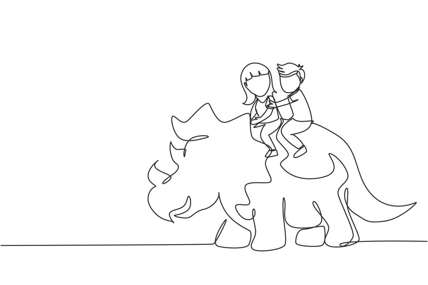 Single continuous line drawing little boy and girl caveman riding triceratops together. Kids sitting on back of dinosaur. Stone age children. Ancient human life. One line draw graphic design vector