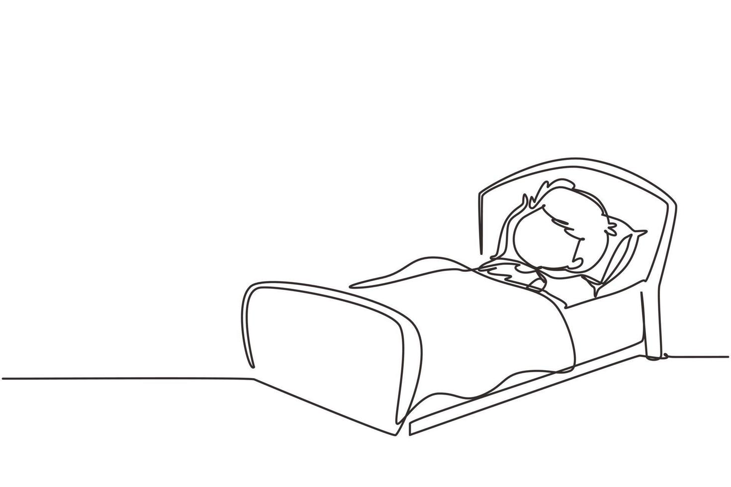 Single one line drawing cute boy sleeping on tonight dreams, good night and sweet dreams. Happy little child sleep in bed room. Kid sleeping. Continuous line draw design graphic vector illustration