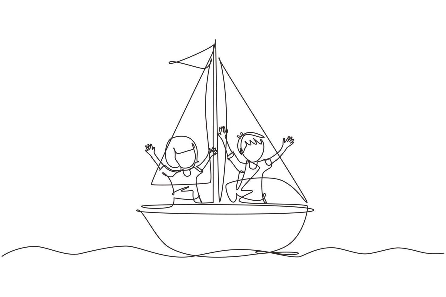 dibujo continuo de una línea niño y niña sonrientes en velero juntos. niños felices veleros. lindos niños en barco. alegres aventuras y viajes. ilustración gráfica de vector de diseño de línea única
