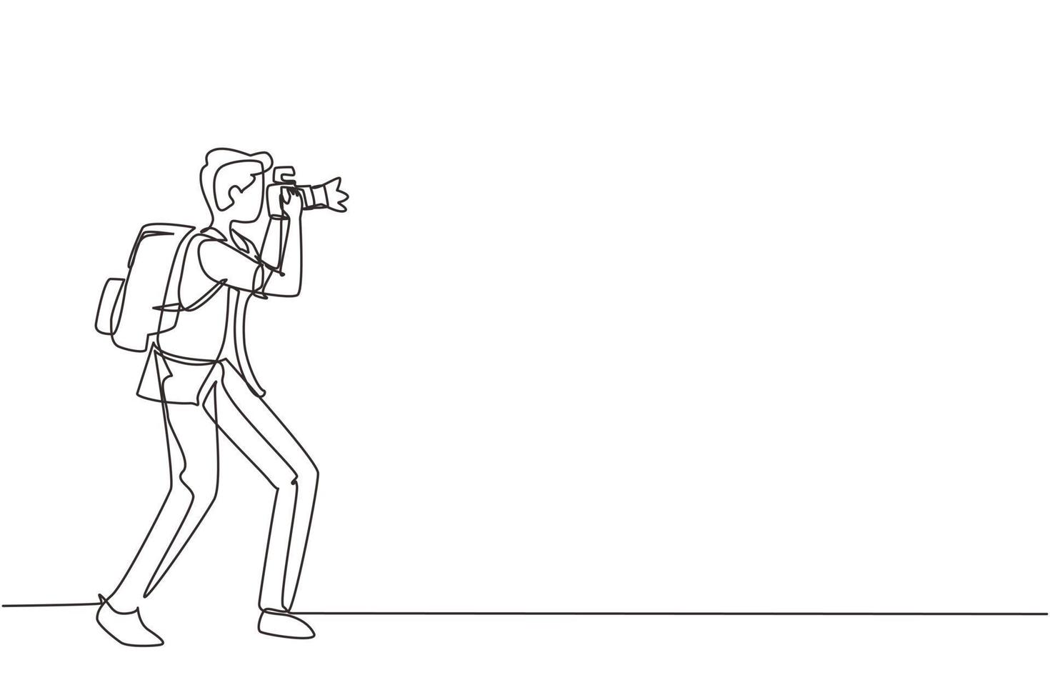 Continuous one line drawing photographer or paparazzi taking photo with modern digital cameras from all angles. Journalists or reporters with backpack making pictures. Single line draw design vector