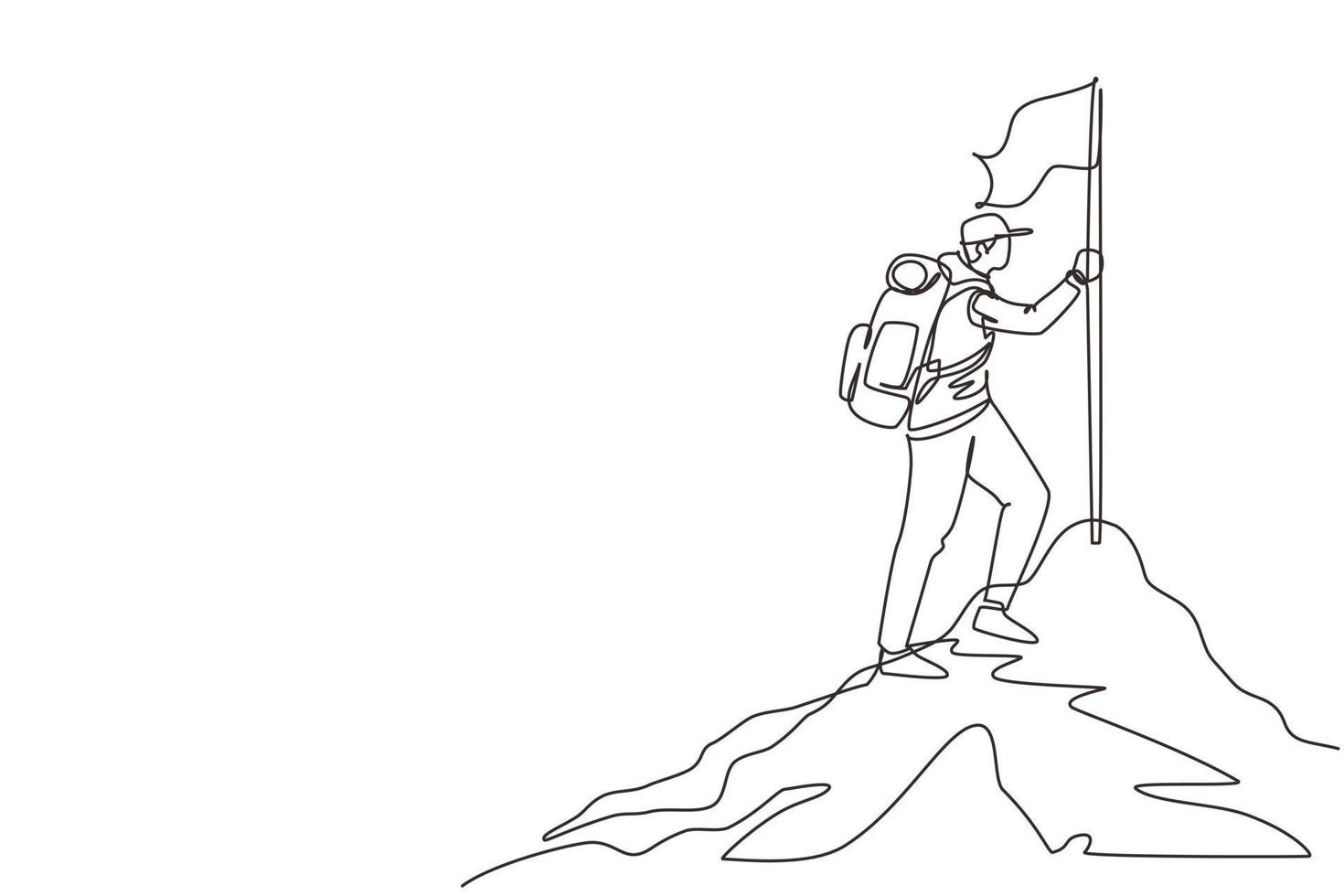 Continuous one line drawing climber in uniform with flag on snowed mounts peak. Happy man climber reached mounts summit enjoying picturesque view. Single line draw design vector graphic illustration