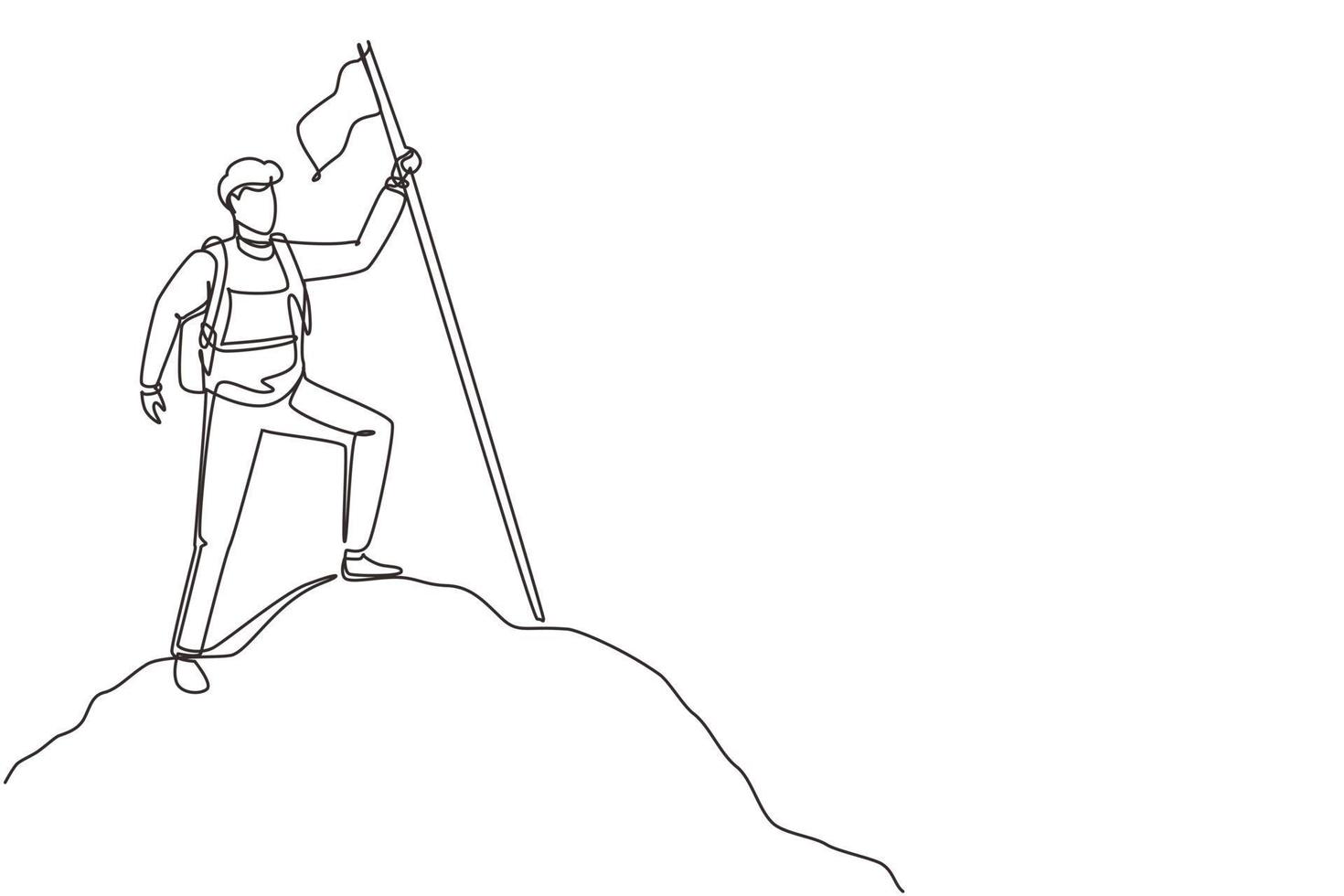 Single continuous line drawing backpacker, hiker, man traveller or explorer standing, holding flag and looking at nature. Hiking, backpacking, adventure tourism and travel. One line draw design vector