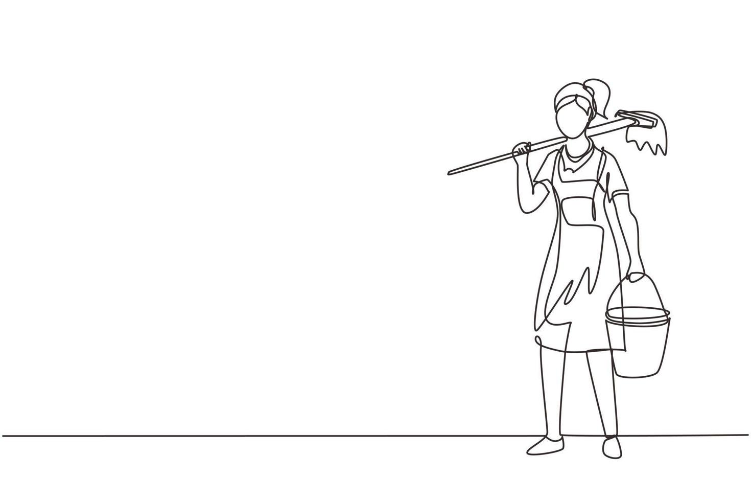 Continuous one line drawing woman mopping floor, female cleaner janitor in uniform and bucket, cleaning service. Housework service or housekeeping workers, janitor. Single line draw design vector