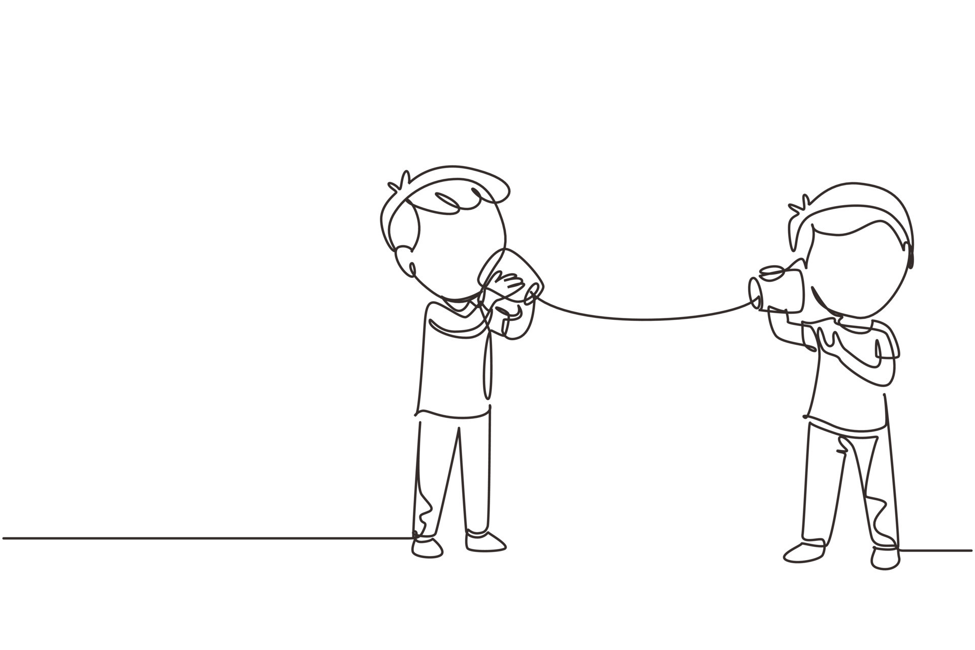 Single continuous line drawing little boys talk using string phone. Children communicating