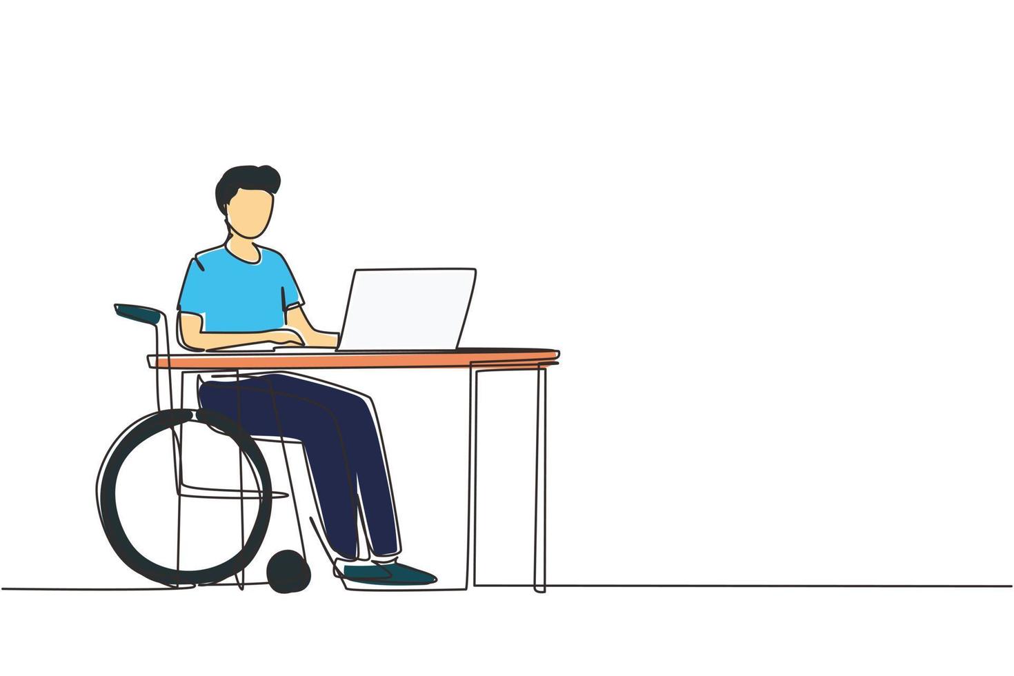 Continuous one line drawing young man uses wheelchair and working with computer in office. Online job and startup. Physical disability and society. Single line draw design vector graphic illustration