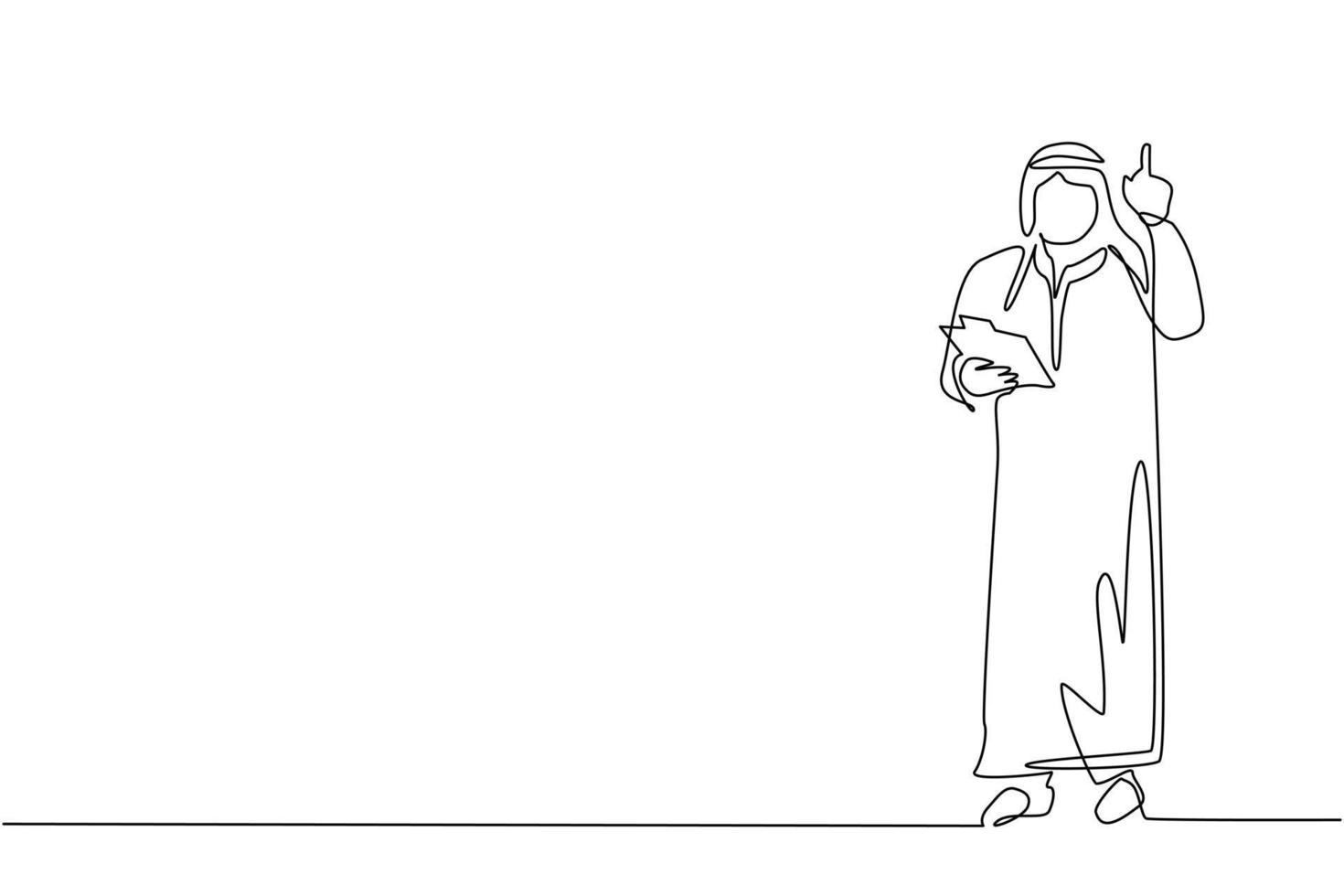 Continuous one line drawing Arabian businessman wearing traditional clothes holding clipboard and pointing index finger up. Person keeping file pad in hand. Single line draw design vector illustration