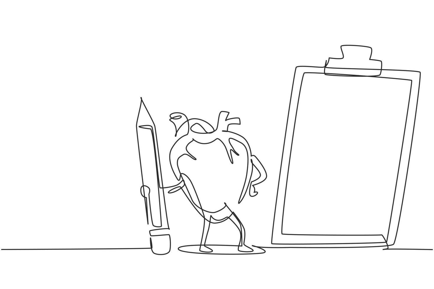 Single continuous line drawing cartoon anatomical human heart organ mascot with pencil, clipboard, checklist. Health of cardiovascular system. Dynamic one line draw graphic design vector illustration