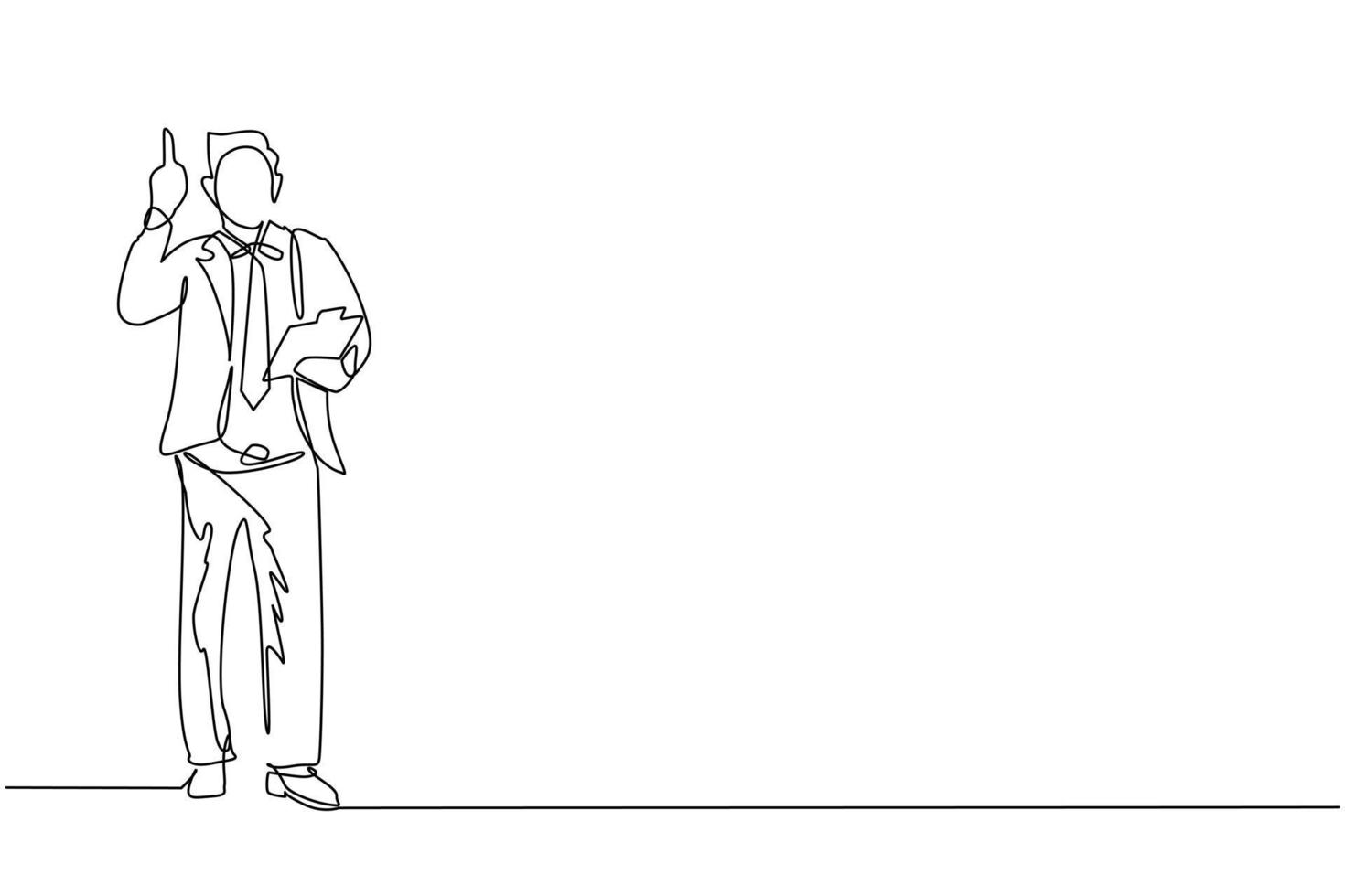 dibujo continuo de una línea joven hombre de negocios con traje sosteniendo el portapapeles y señalando con el dedo índice hacia arriba. persona activa manteniendo el bloc de notas en la mano. ilustración gráfica de vector de diseño de dibujo de una sola línea