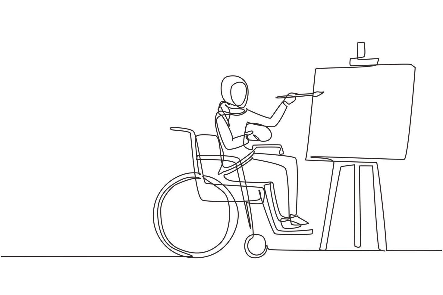 Single one line drawing disabled Arabian woman in wheelchair painting landscape on canvas. Rehabilitation physiotherapy concept. Physical disability. Continuous line draw design vector illustration