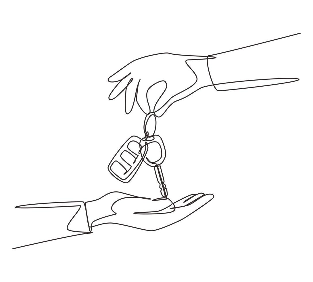 Continuous one line drawing car seller hand giving key and alarm system to buyer. Car rental for sale concept. Hand of car salesman manager holding key. Single line draw design vector illustration