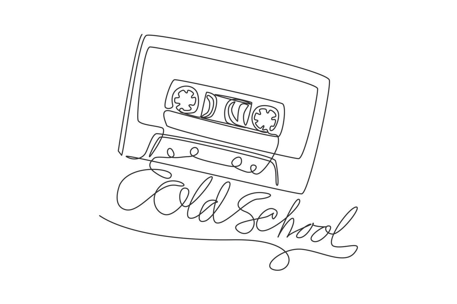 Continuous one line drawing old school slogan with cassette tape illustration. Audio cassette with retro symbol isolated on white background. Vintage music icon. Single line draw design vector graphic