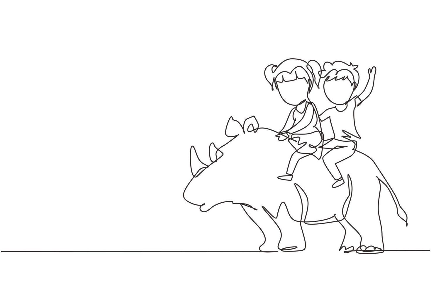 Single one line drawing happy boy and girl riding rhino rhinoceros together. Children sitting on back rhinoceros in zoo. Kids learning to ride rhinoceros. Continuous line draw design graphic vector