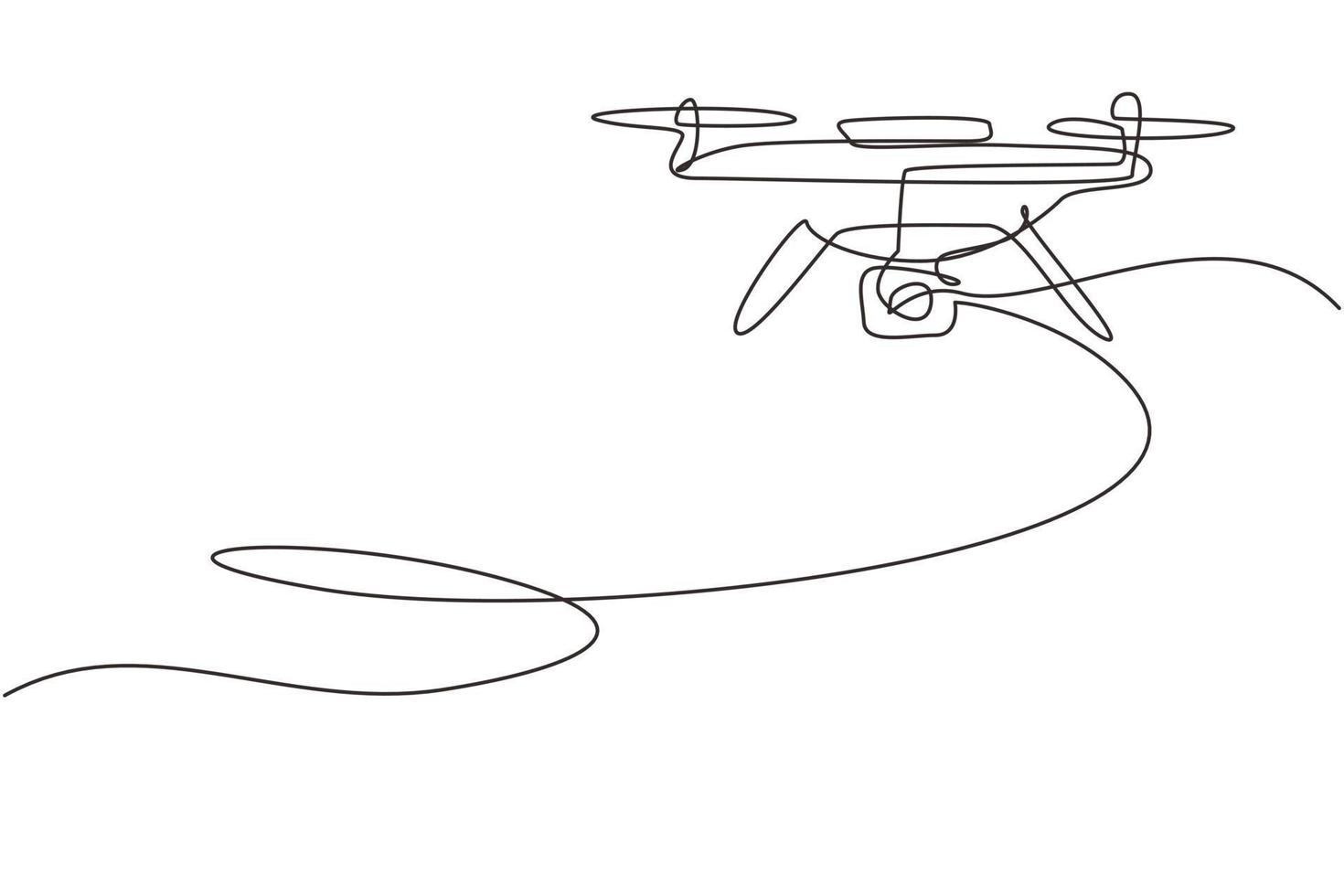 Continuous one line drawing remote control air drone. Drone flying with action video camera. Drone photography and drone video created. Quadcopter with camera. Single line draw design vector graphic