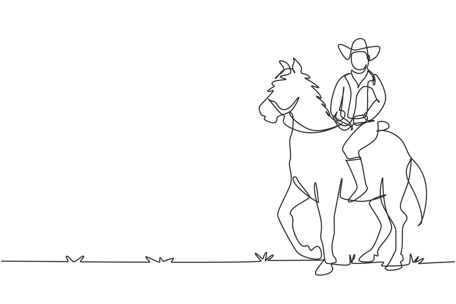 dibujo de una sola línea continua vaquero montando caballo de pie en el desierto. hombre con sombrero de vaquero a caballo. los hombres mayores posan elegancia a caballo. Ilustración de vector de diseño gráfico de dibujo de una línea dinámica