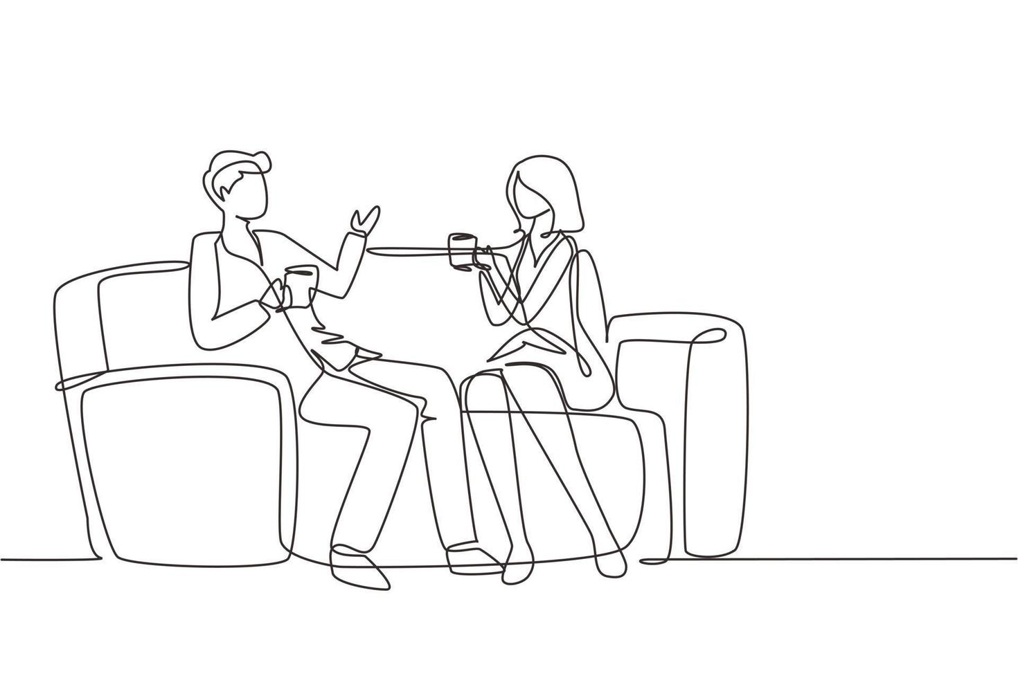 Single one line drawing romantic couple sitting at sofa, talking and drinking coffee. Man and woman living together in apartment Romance and love concept. Continuous line draw design graphic vector