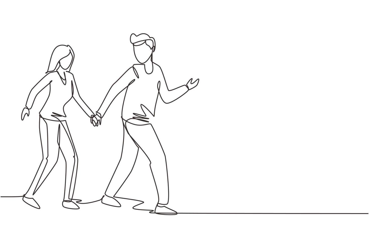 Single one line drawing happy man pulled woman hand. Romantic couple walking on romantic honeymoon promenade holiday. Couple summer vacation. Continuous line draw design graphic vector illustration