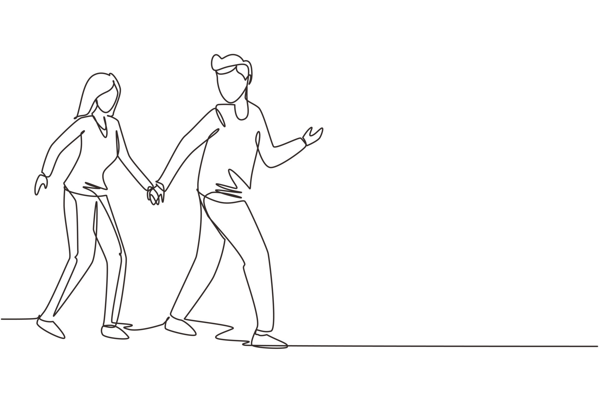 Single one line drawing happy man pulled woman hand. Romantic couple