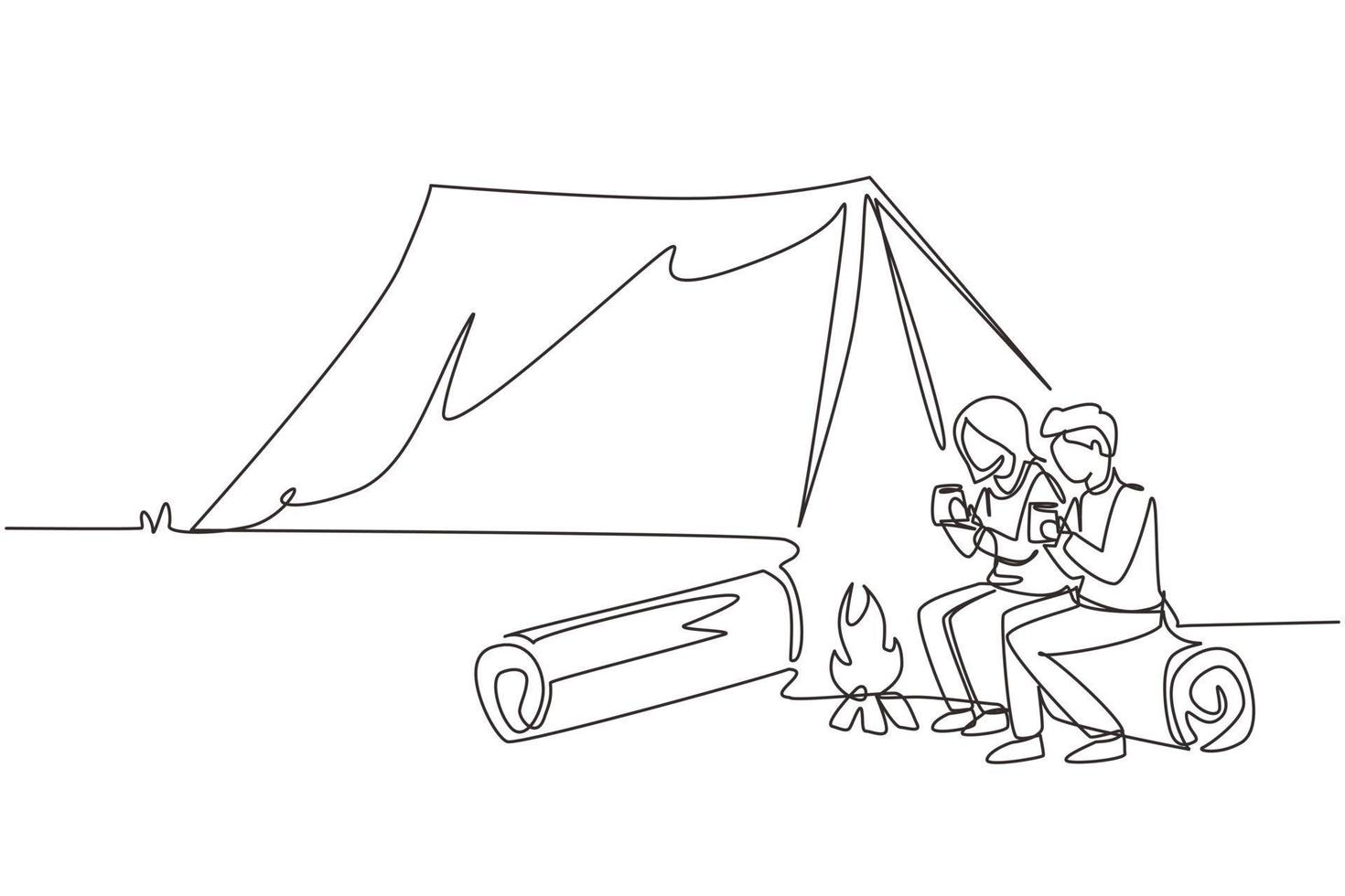 Continuous one line drawing couple sit on logs near bonfire, active recreation, romantic date camping. Man woman drink hot tea getting warm near campfire. Single line draw design vector illustration