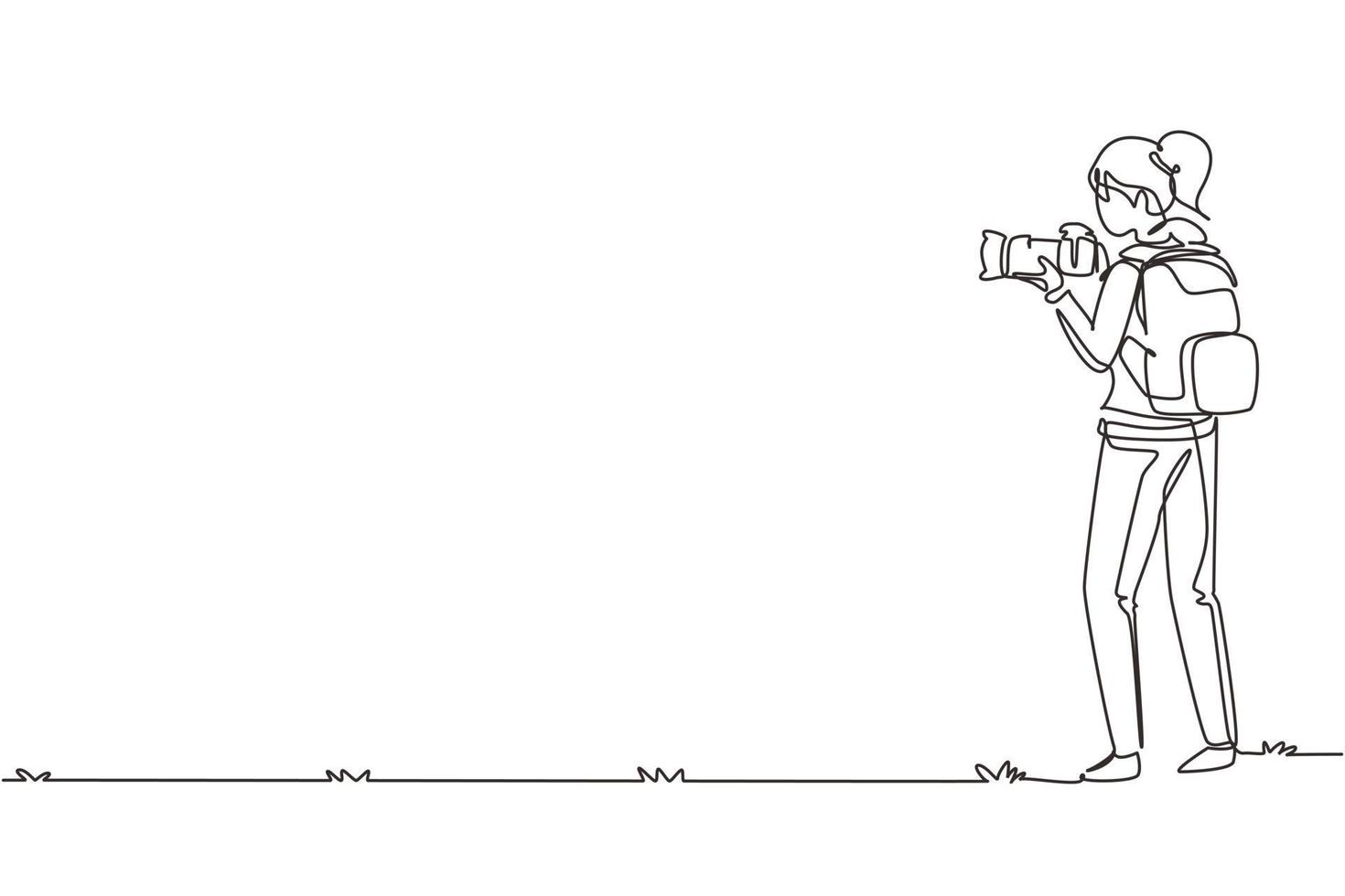 Single continuous line drawing woman photographer with backpack holding photo camera. Journalist making nature shooting on mountain. Female character. One line draw graphic design vector illustration