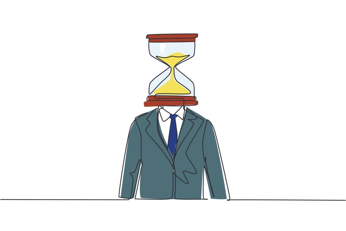 Continuous one line drawing businessman with hourglass instead of head, symbolizing pressure, deadline, schedule, time management. Sandglass clock. Single line draw design vector graphic illustration