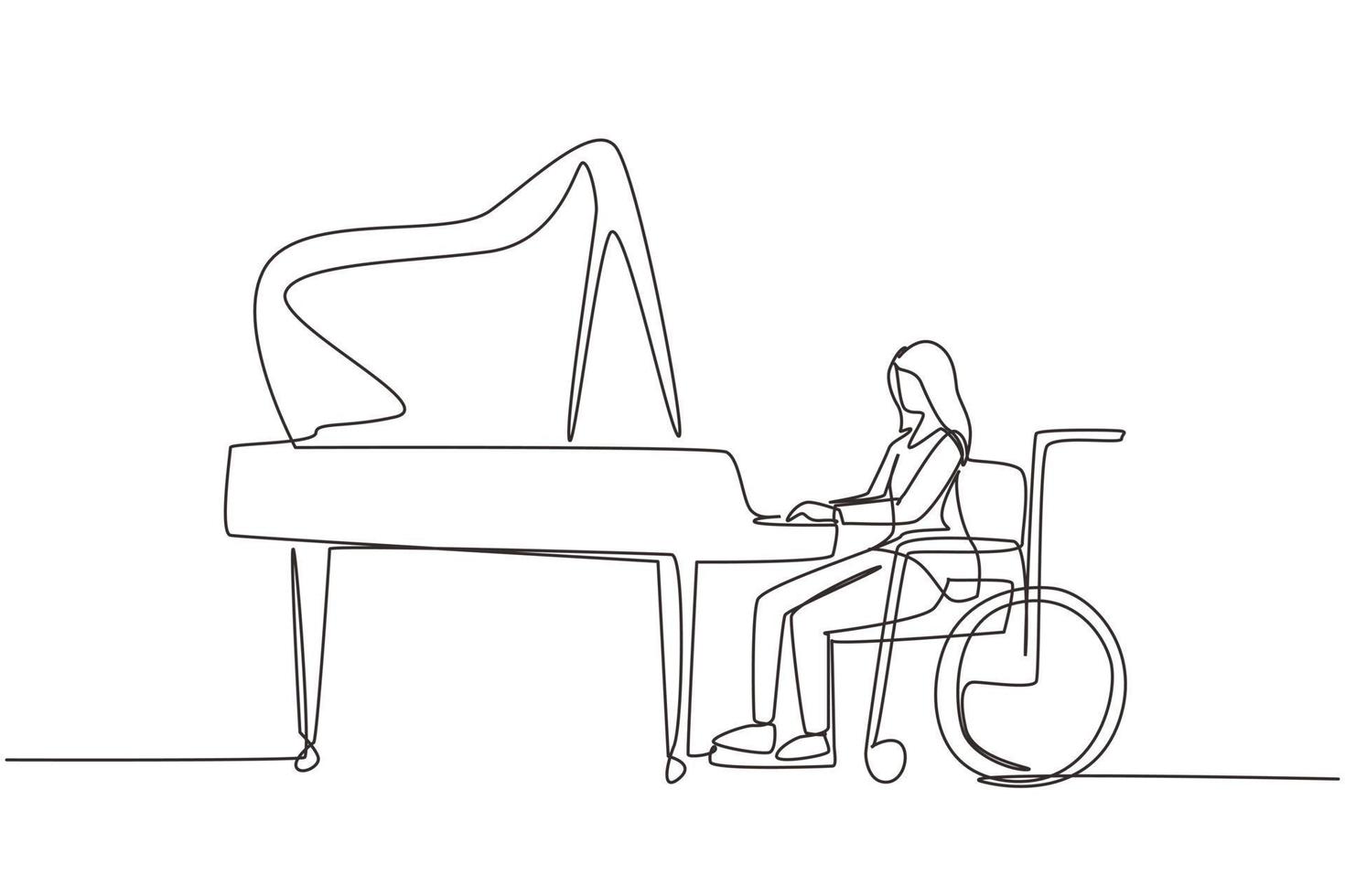 Continuous one line drawing disabled beautiful woman in wheelchair playing piano in concert. Disability and classical music. Physically disabled. Single line draw design vector graphic illustration