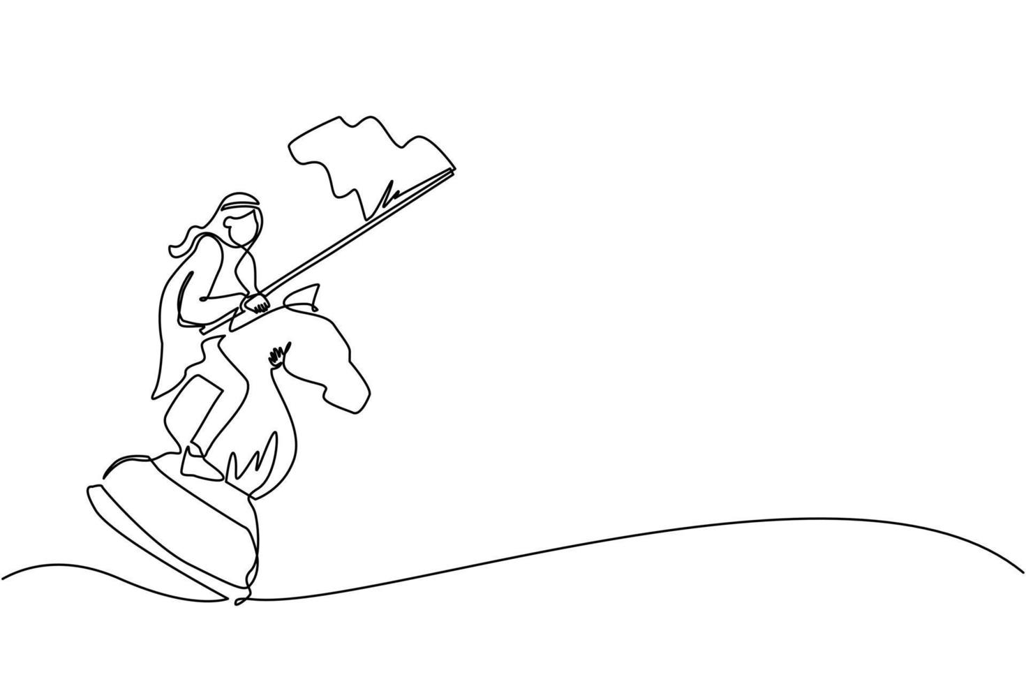 dibujo continuo de una línea hombre de negocios árabe montando un gran caballo de ajedrez y sosteniendo bandera, estrategia, movimiento competitivo y estratégico en el concepto de negocio. ilustración de vector de diseño de dibujo de una sola línea