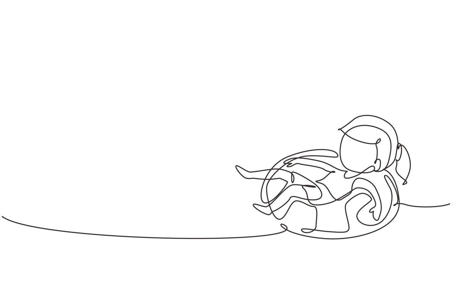 Continuous one line drawing little girl floating with lifebuoy with happy and relax poses wearing beach and swimming attires. Kids feeling happy while using tire buoy. Single line draw design vector