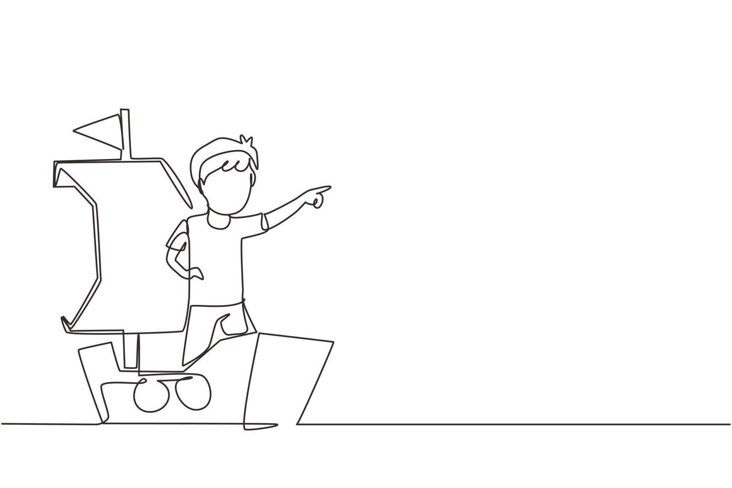 Single continuous line drawing little boy playing sailor with boat made of cardboard box. Creative kid character playing ship made of cardboard boxes. One line draw graphic design vector illustration