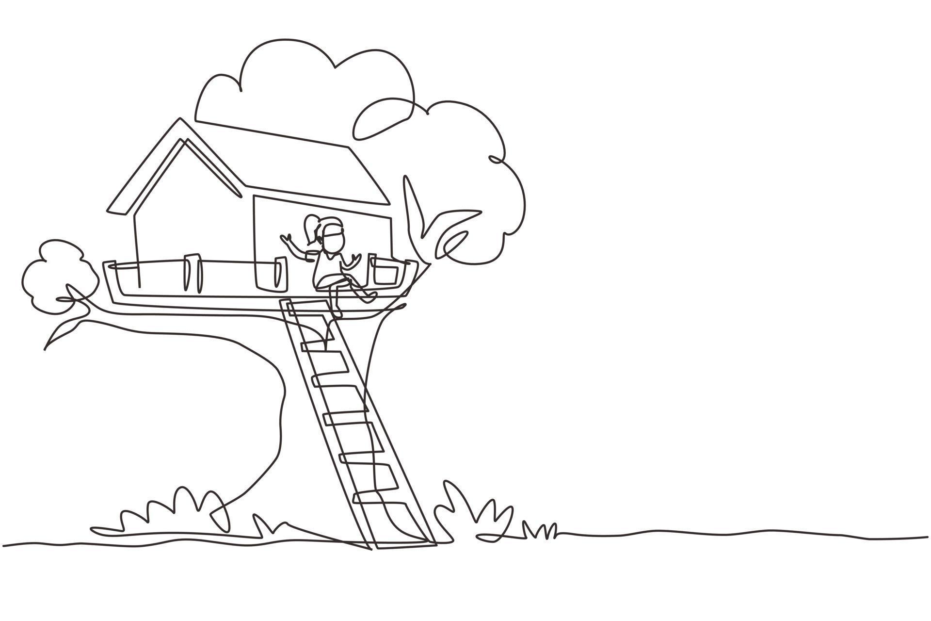 Single continuous line drawing happy child on tree house, little girl