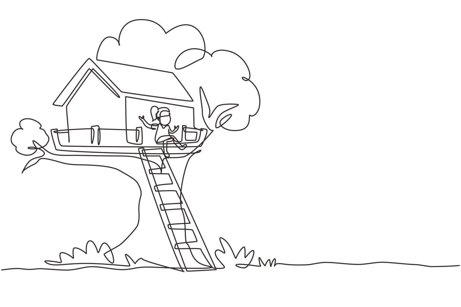 Single continuous line drawing happy child on tree house, little girl playing on children playground, treehouse with wooden ladder, place for kids games on summer. One line draw graphic design vector