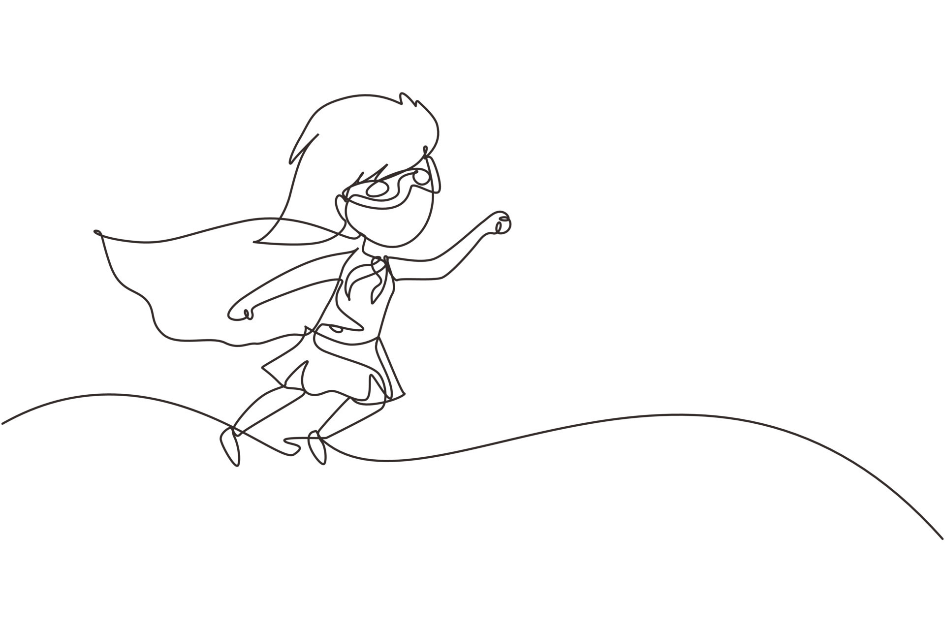 Continuous one line drawing cute super girl. Little girl dressed