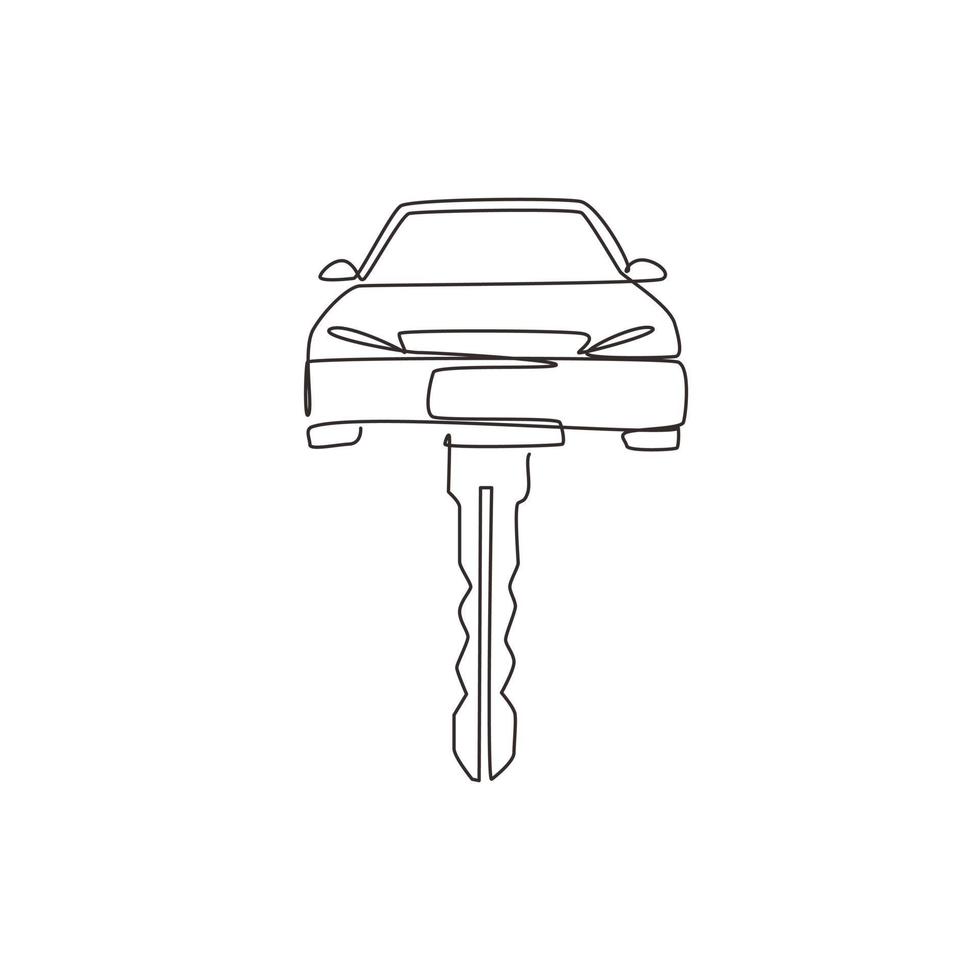 Single one line drawing car shaped car key. Keyring and remote control key in vehicle interior. Electronic car key with little car shape keyring. Modern continuous line draw design graphic vector