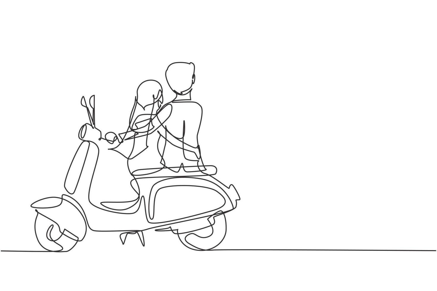 dibujo de línea continua única vista posterior viaje de pareja de jinetes casados. momento romántico de luna de miel con abrazos. hombre mujer con vestido de novia montando motocicleta scooter. vector de diseño gráfico de dibujo de una línea