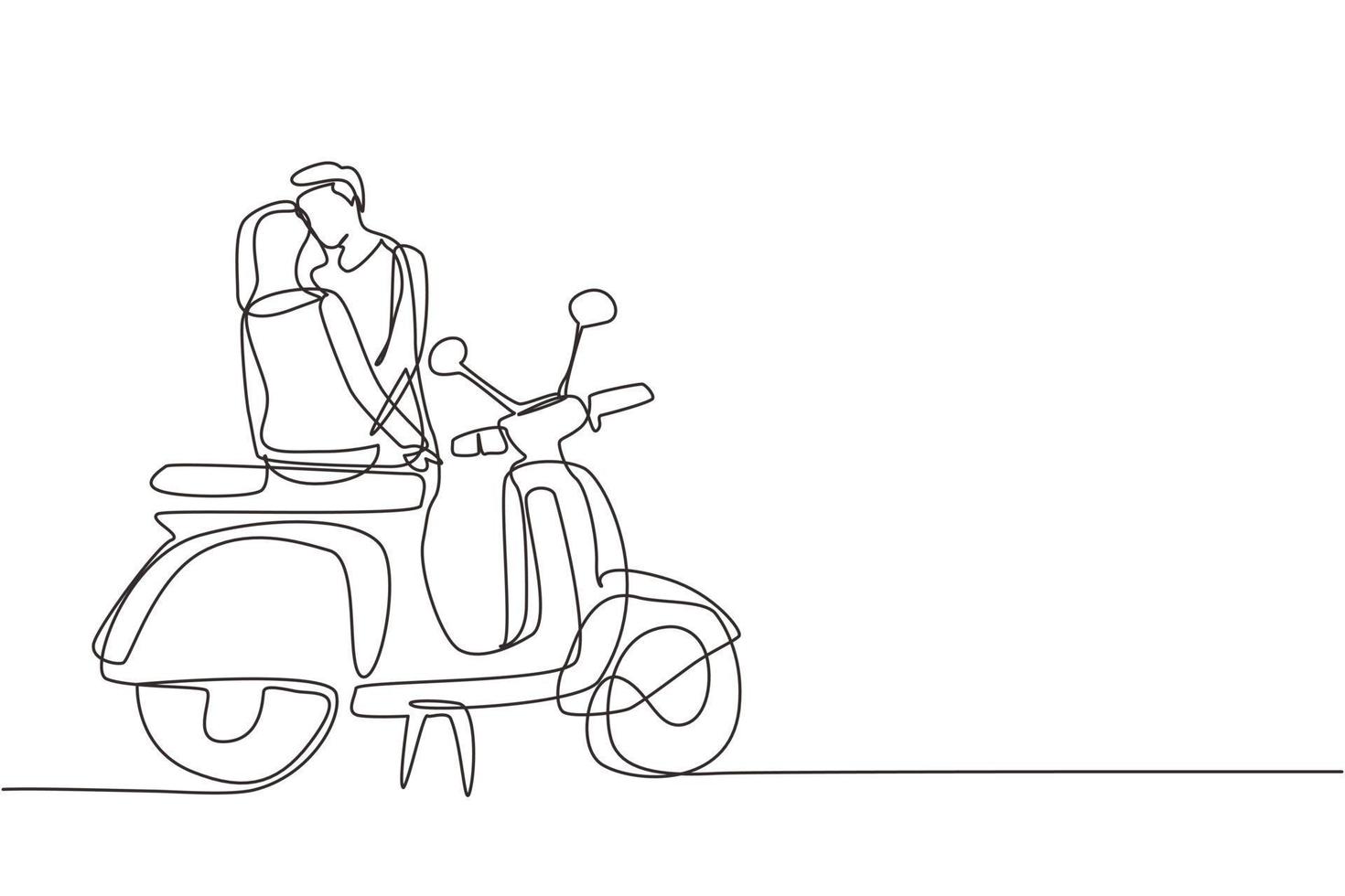 Single continuous line drawing couple on date outdoors, girlfriend and boyfriend with motorcycle, amorous relationship. Romantic road trip, journey. One line draw graphic design vector illustration
