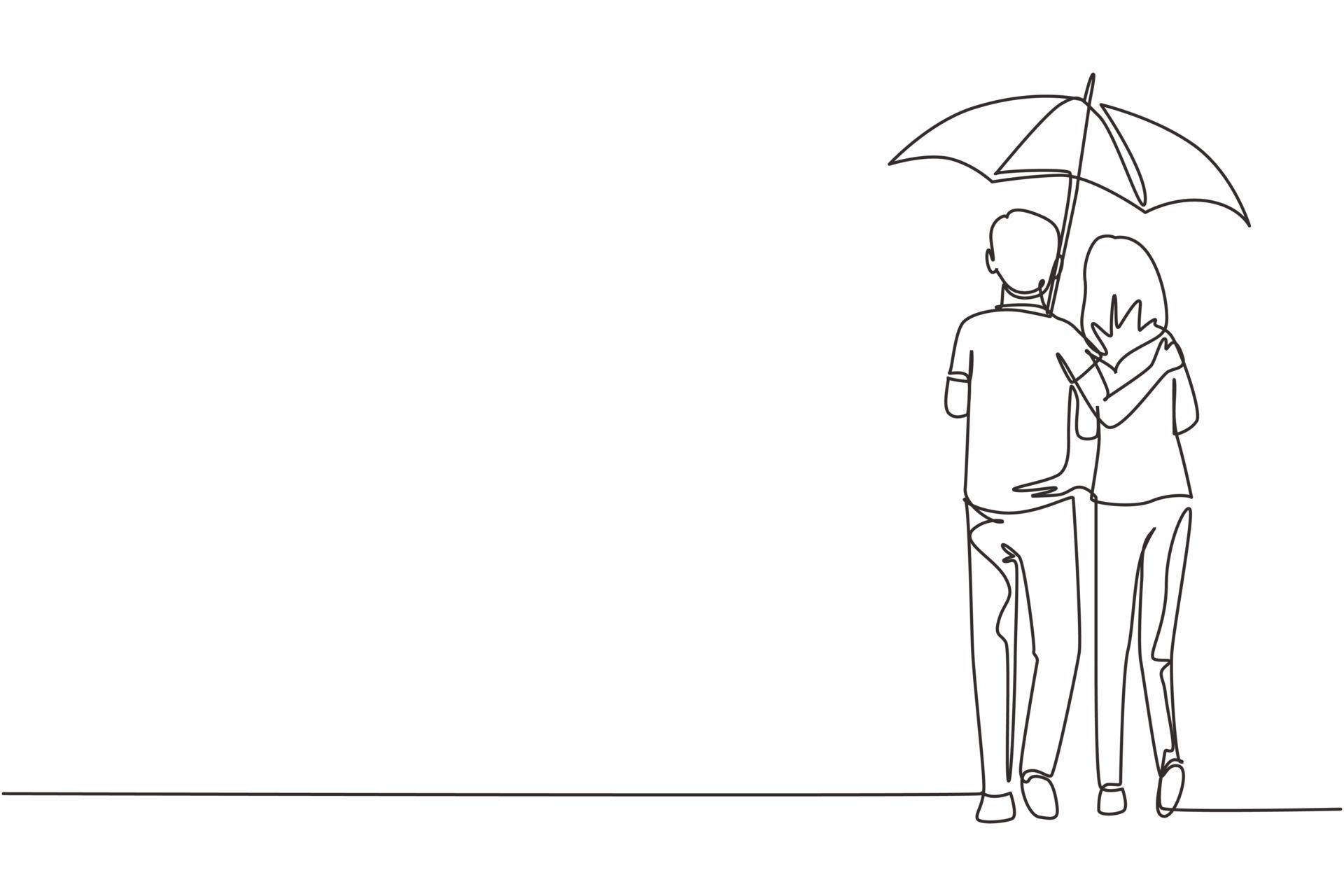 How To Draw A Couple Walking In The Rain Continuous one line drawing back view lovers couple in rain. Couple in