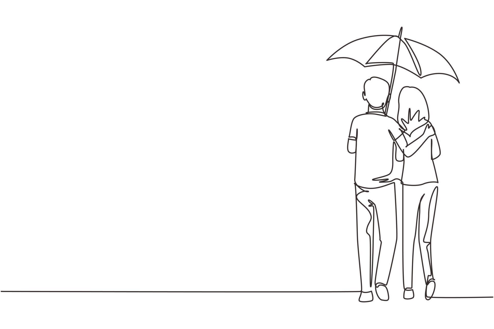 Continuous one line drawing back view lovers couple in rain. Couple in ...