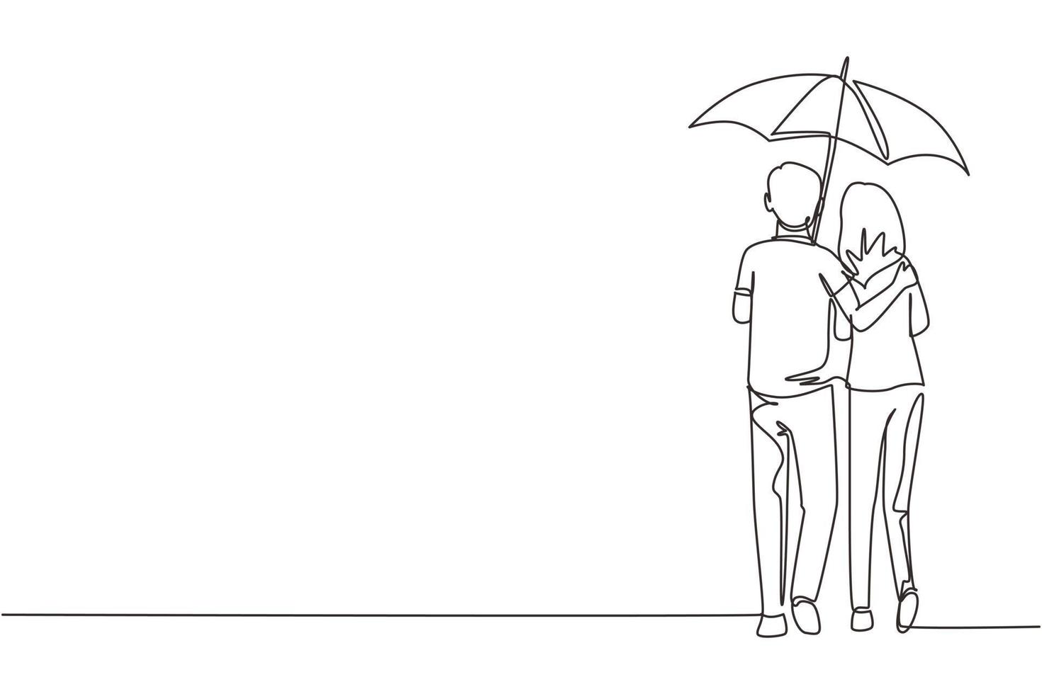 Continuous one line drawing back view lovers couple in rain. Couple in love walking under rain with umbrella. Happy man and woman are walking along city street. Single line draw design vector graphic