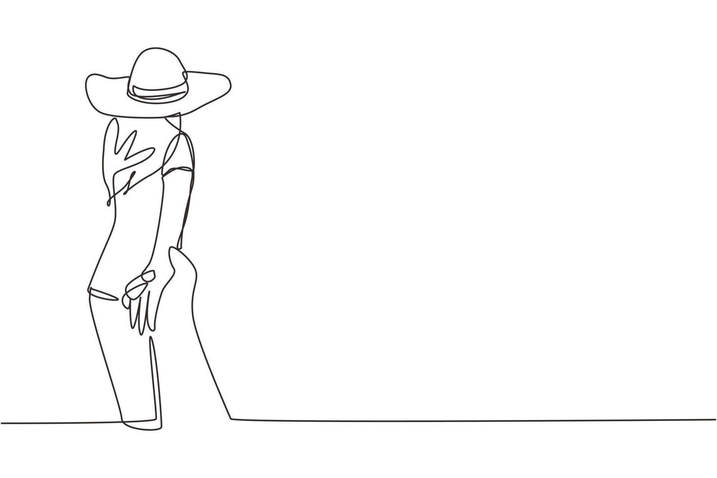 Continuous one line drawing girl leads guy's hand. Take my hand. Woman with summer hat walking on romantic honeymoon holidays holding hand of husband following her. Single line draw design vector