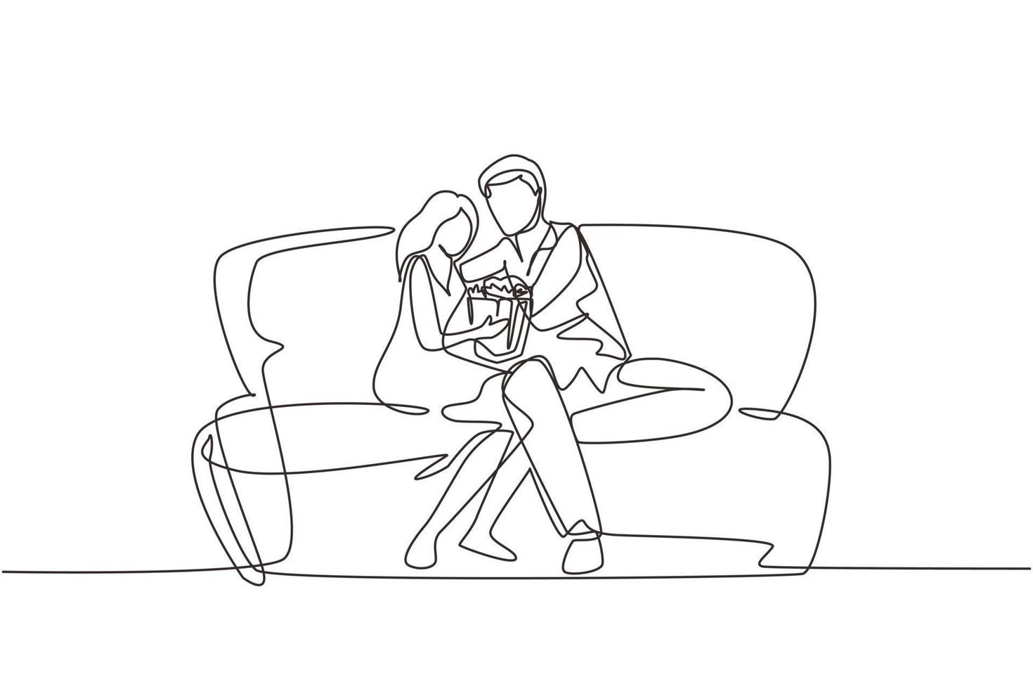 pareja de dibujo de una línea continua en casa descansando en el sofá viendo películas y comiendo palomitas de maíz. velada de relajación doméstica. hombre y mujer en un acogedor sofá. ilustración gráfica de vector de diseño de dibujo de una sola línea