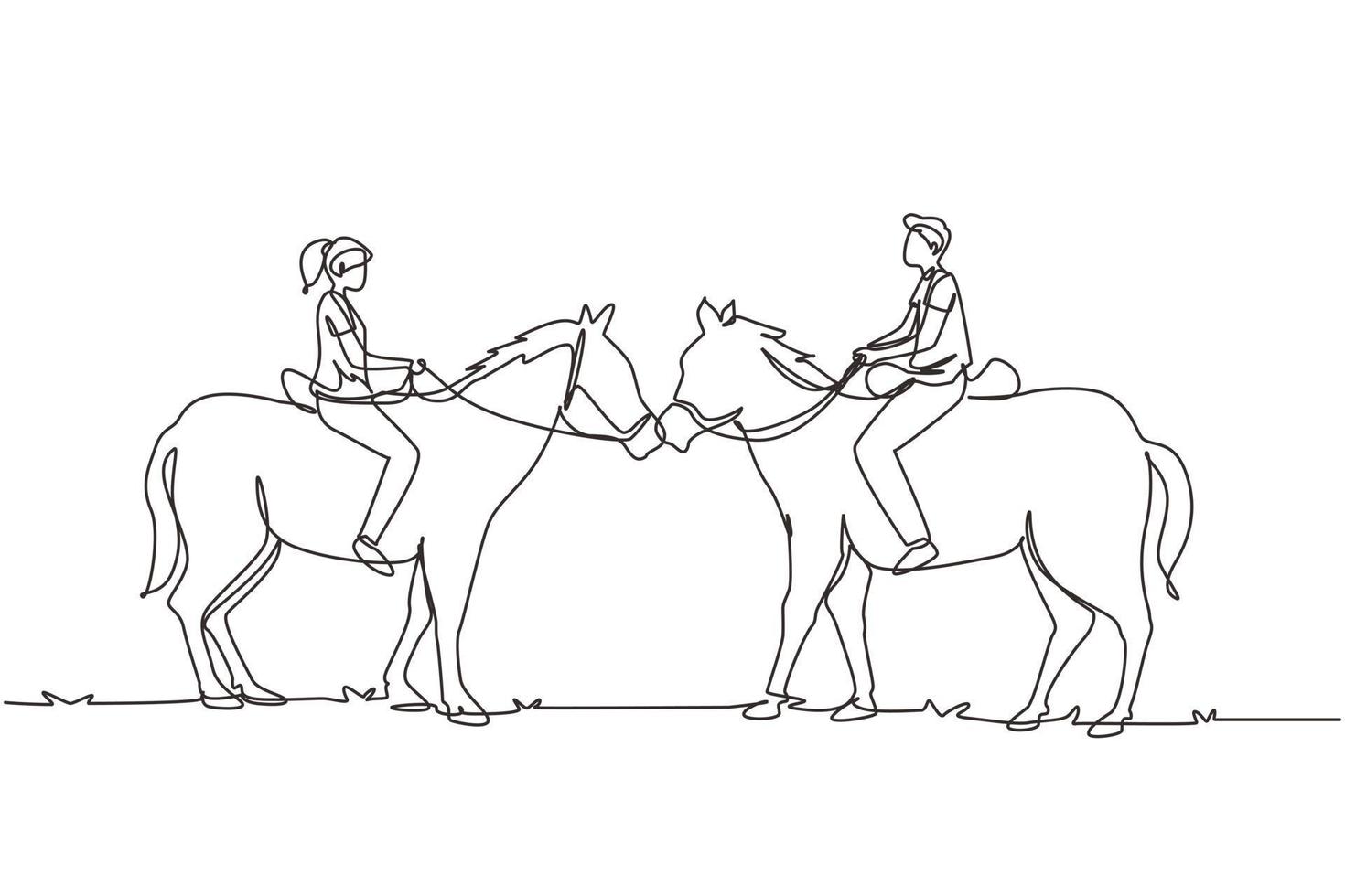 dibujo de una sola línea continua pareja romántica enamorada montando a caballo. el hombre y la mujer jóvenes se encuentran para salir con un caballo de paseo. compromiso y relación amorosa. ilustración de vector de diseño gráfico de dibujo de una línea