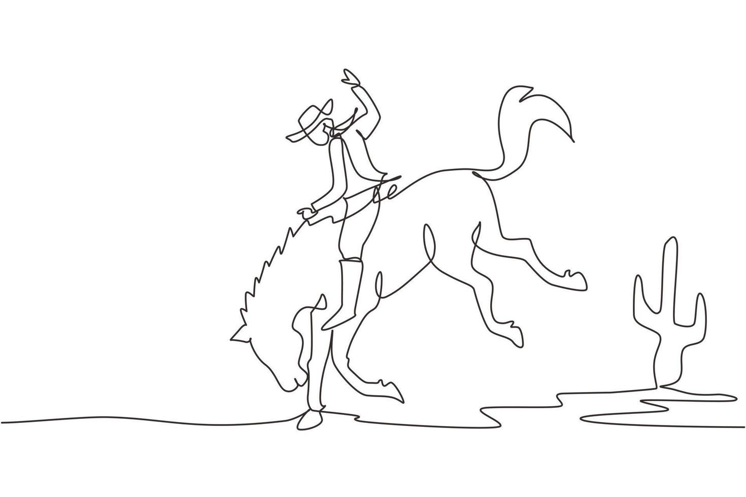 Single continuous line drawing cowboy on wild horse mustang. Rodeo cowboy riding wild horse on wooden sign. Cowboy riding wild horse race. Dynamic one line draw graphic design vector illustration