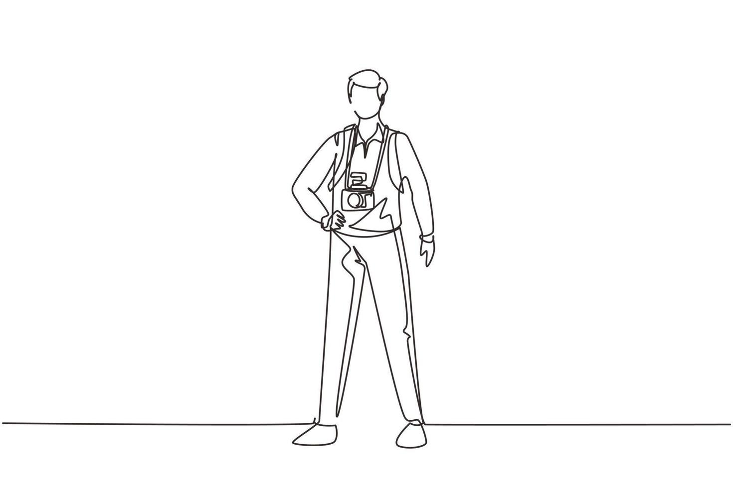 Single one line drawing photographer standing with camera digital photo. Pictures made by employees, photographs by cameraman. Man experts job. Continuous line draw design graphic vector illustration