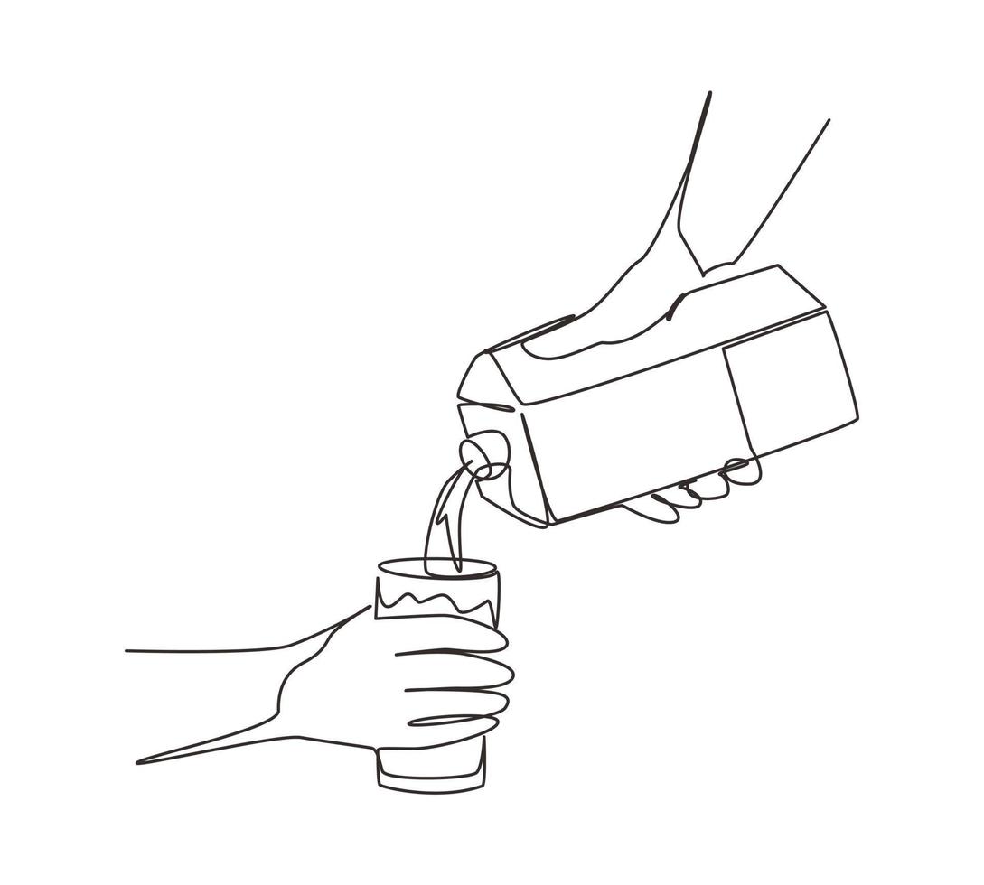 Continuous one line drawing hand holding carton of milk poured into glass. Hand hold milk box and pour milk into glass. Splash of milk drop from carton box. Single line draw design vector illustration