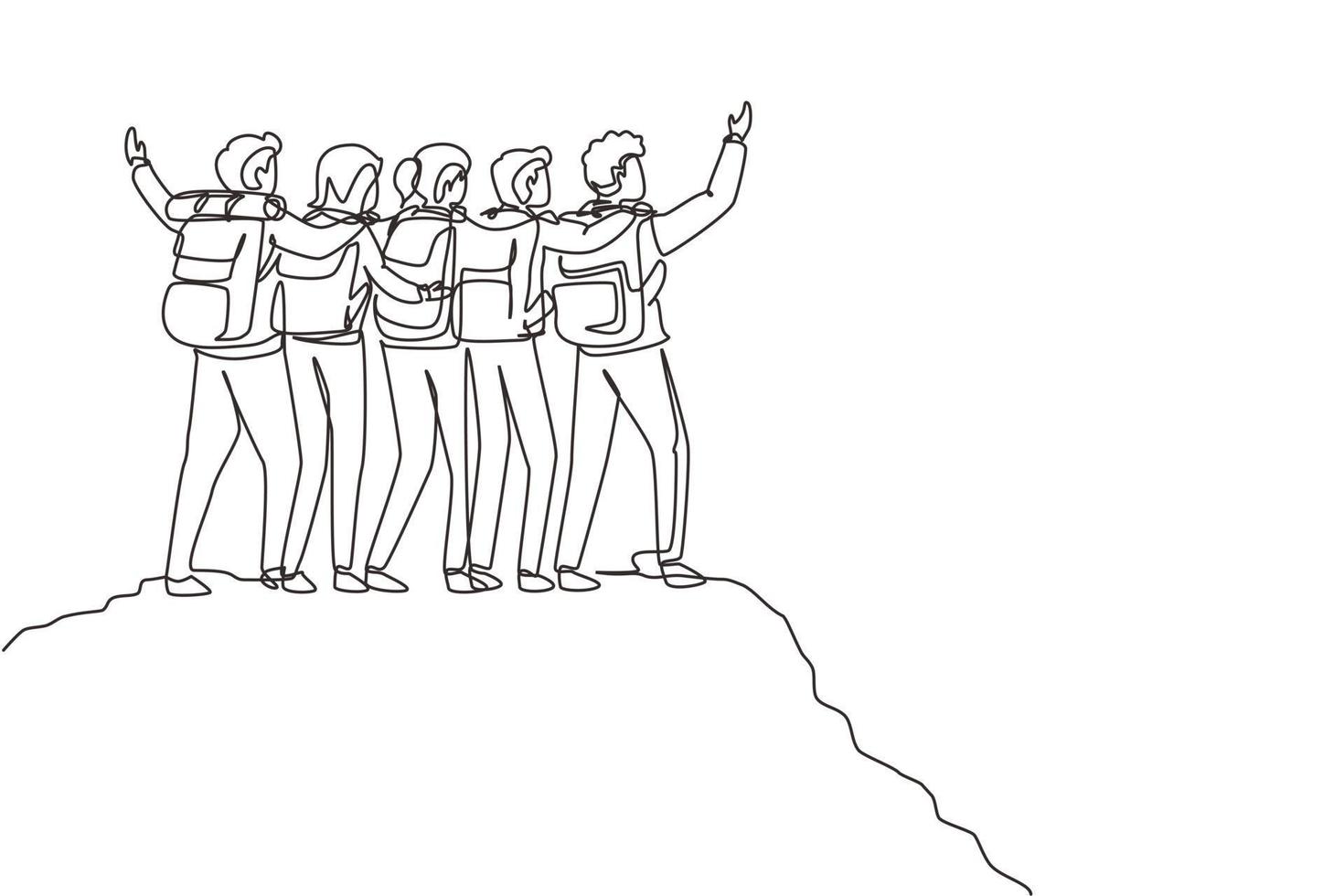 Single continuous line drawing friend group of hikers hugging together for successful reaching top of mountain. Success, achievement and goal concept. One line draw graphic design vector illustration