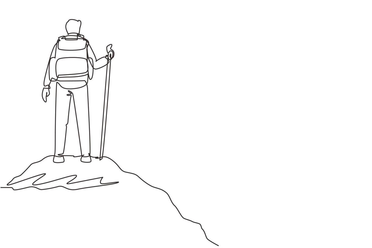 Continuous one line drawing hiker with backpack on top of mountain. Trekking man simple sketch. Happy climber reached the summit of the mountain. Single line draw design vector graphic illustration