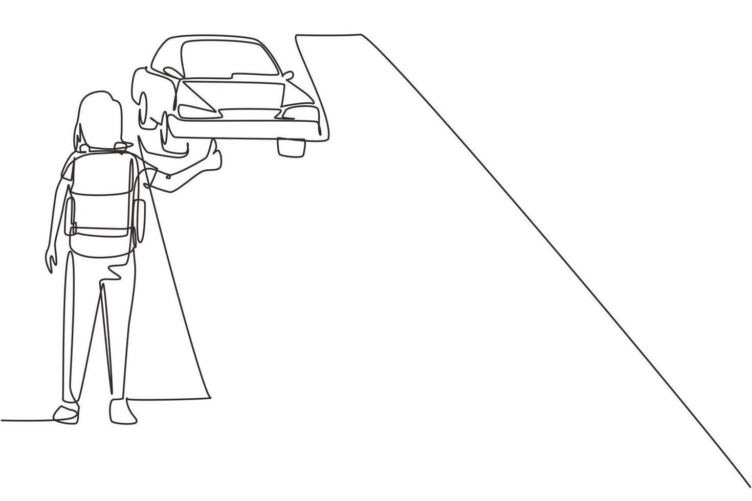 mujer de dibujo de una sola línea con mochila viajando en parada automática. coche, pulgar arriba, carretera. concepto de vacaciones y viaje para banner, sitio web. ilustración de vector gráfico de diseño de dibujo de línea continua moderna