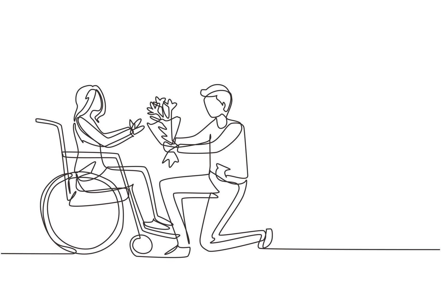 Single continuous line drawing male and disabled female in wheelchair. Man give bouquet of flower to woman. Caregiver, family moral support. Disability rehabilitation. One line draw design vector