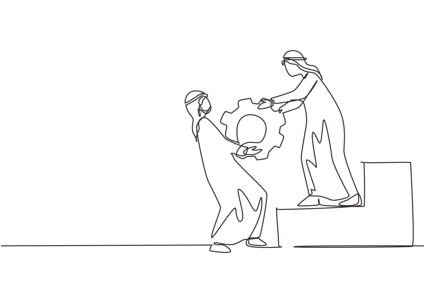 Single continuous line drawing Arab businessmen helping his partner to lifting cog or gear on top of stairs. Teamwork, goal achievement, solution, success, winner concept. One line draw design vector