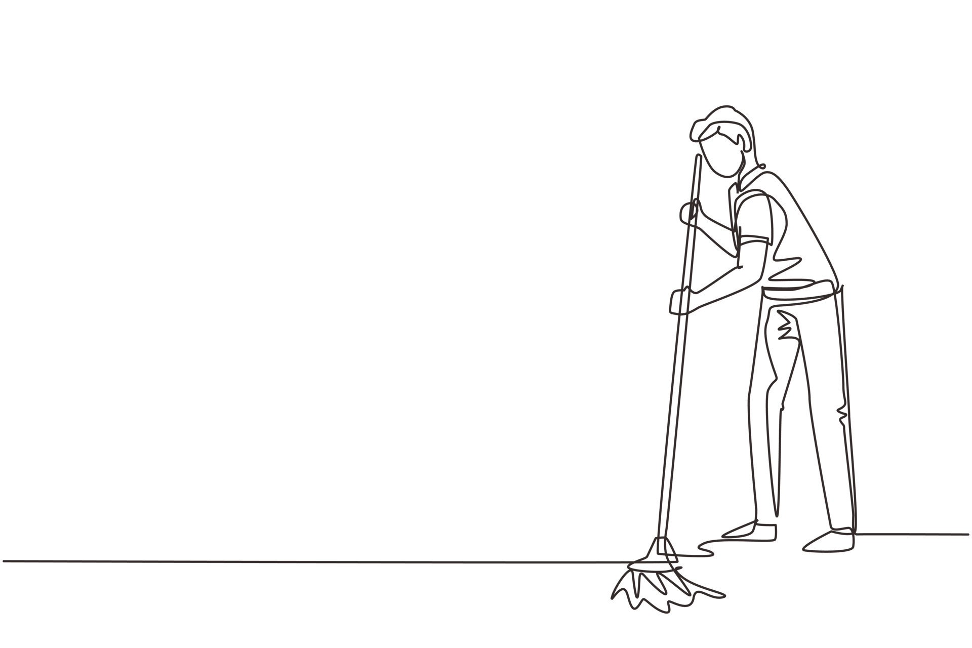 Single one line drawing young man mopping floor and cleanup indoors