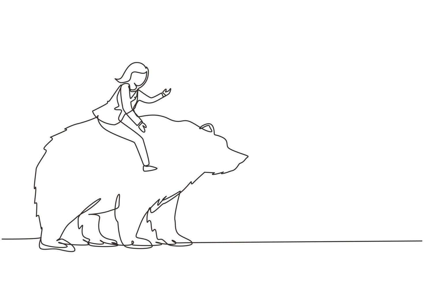 Single continuous line drawing businesswoman rides on bear in stock market trading concept. stock market analysis, business and investment, stock exchange. Dynamic one line draw graphic design vector